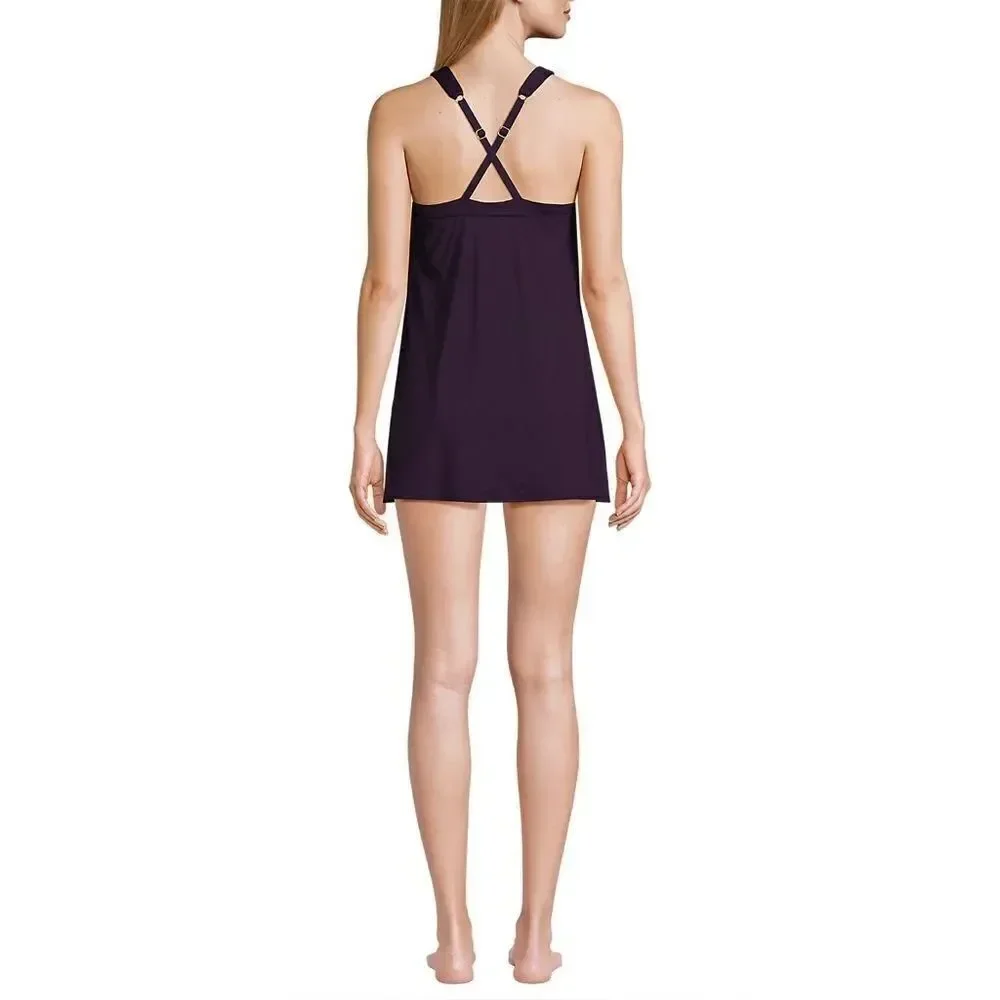 Land’s End Plus Size High Neck one piece Swimsuit soft adjustable BlackBerry Var